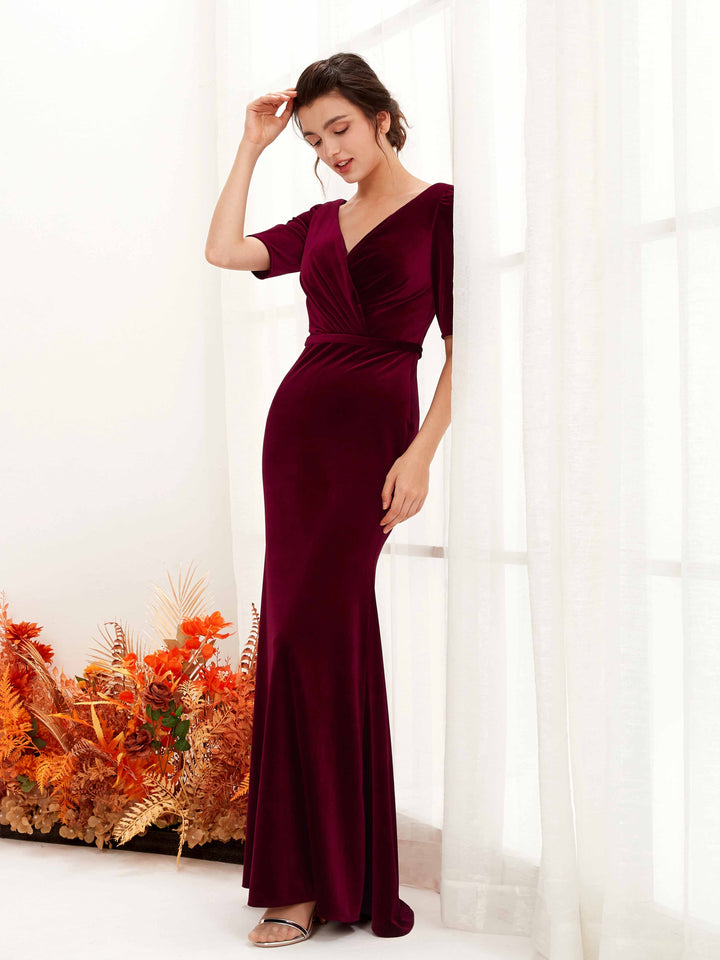 Burgundy Velvet Bridesmaid Dress Sheath Maxi V-Neck Carlyna