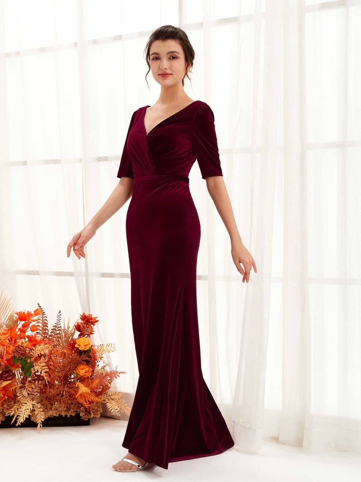Burgundy Velvet Bridesmaid Dress Sheath Maxi V-Neck | Carlyna