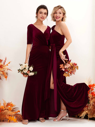 Carlyna Flora Sheath Burgundy Velvet Bridesmaid Dress Maxi Half Sleeve V-Neck Dress Side View 5 #color_burgundy