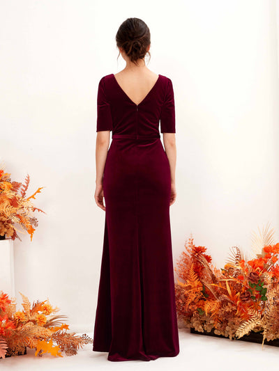 Carlyna Flora Sheath Burgundy Velvet Bridesmaid Dress Maxi Half Sleeve V-Neck Dress Back View #color_burgundy