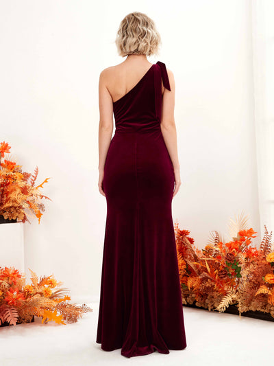 Carlyna Tammy Mermaid Burgundy Velvet Bridesmaid Dress Maxi Sleeveless One Shoulder Dress Back View #color_burgundy