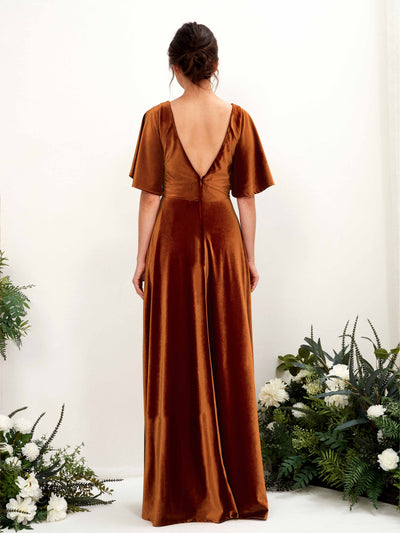 Carlyna Janet A-Line Burant Orange Velvet Bridesmaid Dress Maxi Short Sleeve V-Neck Dress Back View #color_burant-orange