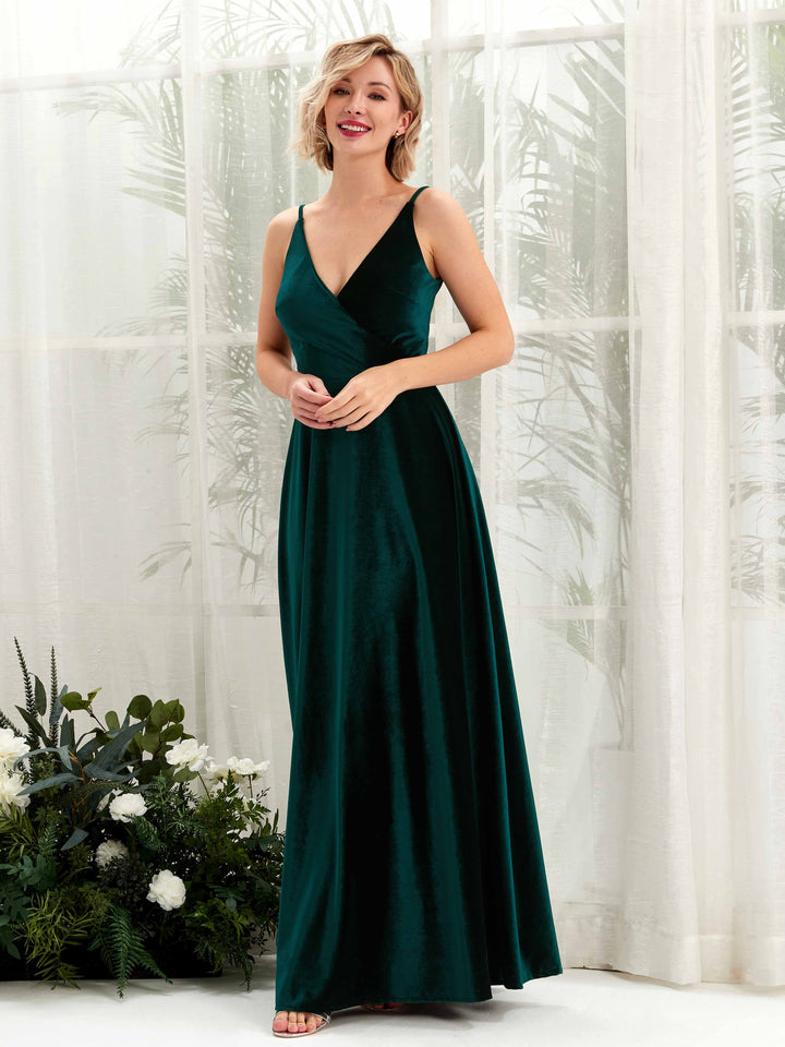 Hunter Green Velvet V-Neck Bridesmaid Dress A-Line Floor-Length | Carlyna Hunter Green Velvet V-Neck Bridesmaid Dress A-Line Floor-Length | Carlyna