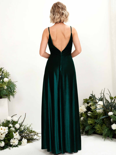 Carlyna Sheila A-Line Hunter Green Velvet Bridesmaid Dress Maxi Sleeveless V-Neck Dress Back View #color_hunter-green