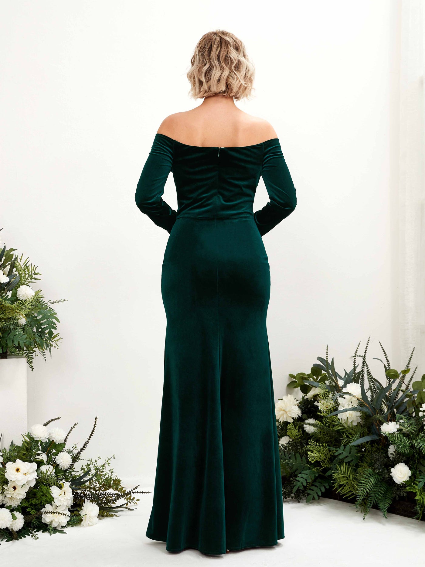 Hunter Green Bridesmaid Dresses Bridesmaid Dress Mermaid/Trumpet Velvet Off Shoulder Full Length Long Sleeves Wedding Party Dress (80223527)#color_hunter-green