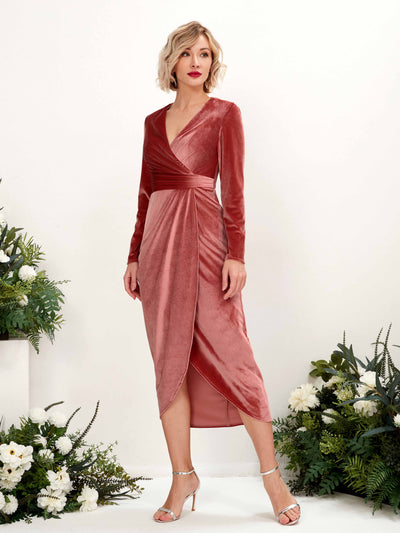 Carlyna Jenny Sheath Dusty Rose Velvet Bridesmaid Dress Midi Long Sleeve V-Neck Side View 2 #color_dusty-rose