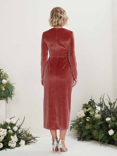 Carlyna Jenny Sheath Dusty Rose Velvet Bridesmaid Dress Midi Long Sleeve V-Neck Back View #color_dusty-rose