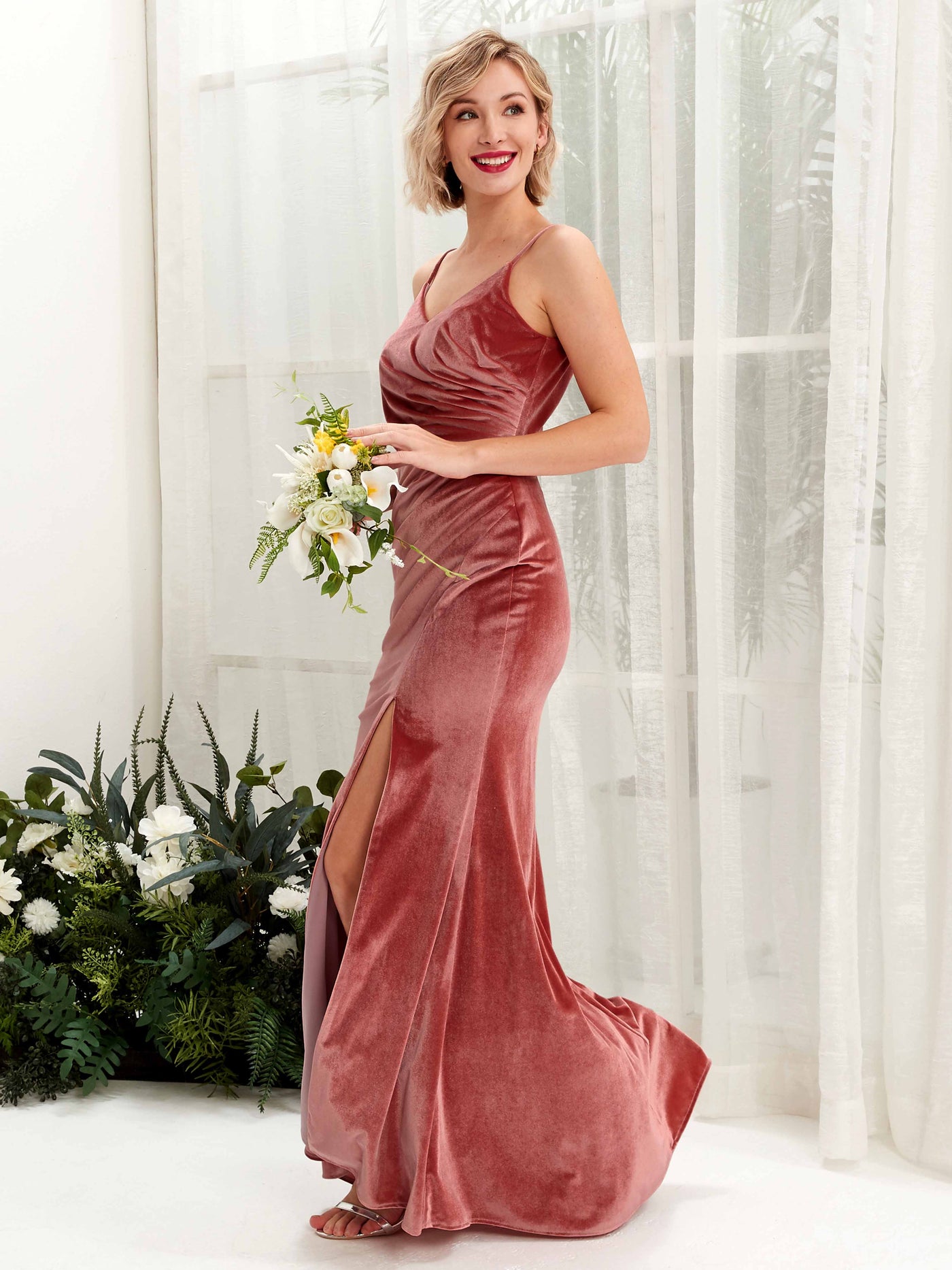 Spaghetti-straps Sleeveless Velvet Bridesmaid Dress - Dusty Rose (80221631)#color_dusty-rose