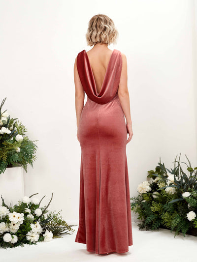 Carlyna Audrey Mermaid Dusty Rose Velvet Bridesmaid Dress Maxi Sleeveless V-Neck Dress Back View #color_dusty-rose