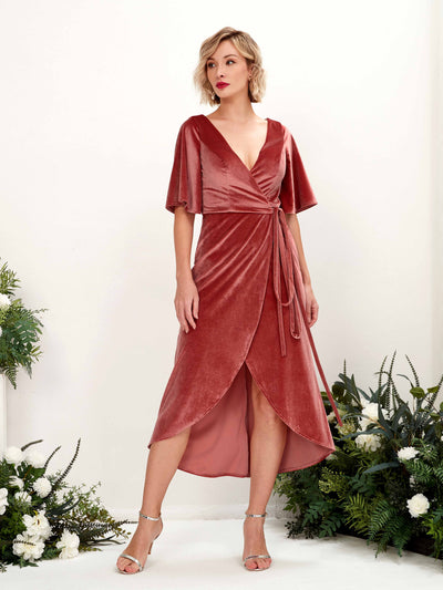 Carlyna Susie Sheath Dusty Rose Velvet Bridesmaid Dress Midi Half Sleeve V-Neck Dress Side View 2 #color_dusty-rose
