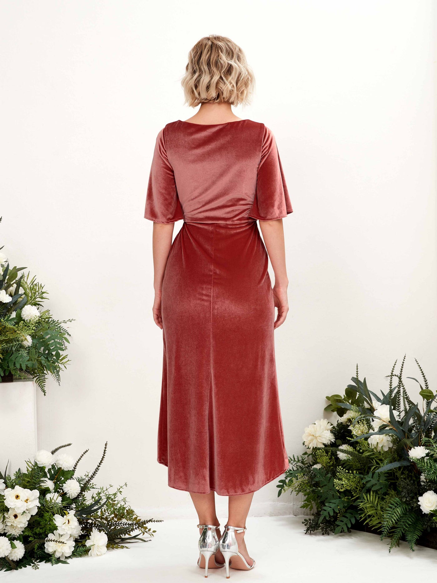 V-neck 3/4 Sleeves Velvet Bridesmaid Dress - Dusty Rose (80222331)#color_dusty-rose