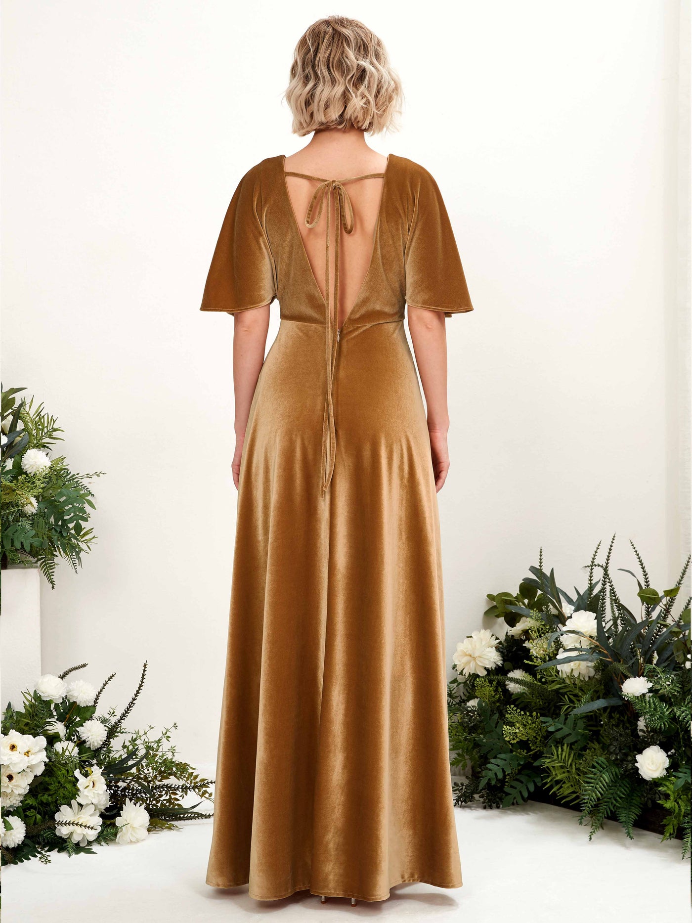 Burnished Gold Velvet V-Neck Bridesmaid Dress A-Line Floor-Length | Carlyna Burnished Gold Velvet V-Neck Bridesmaid Dress A-Line Floor-Length | Carlyna