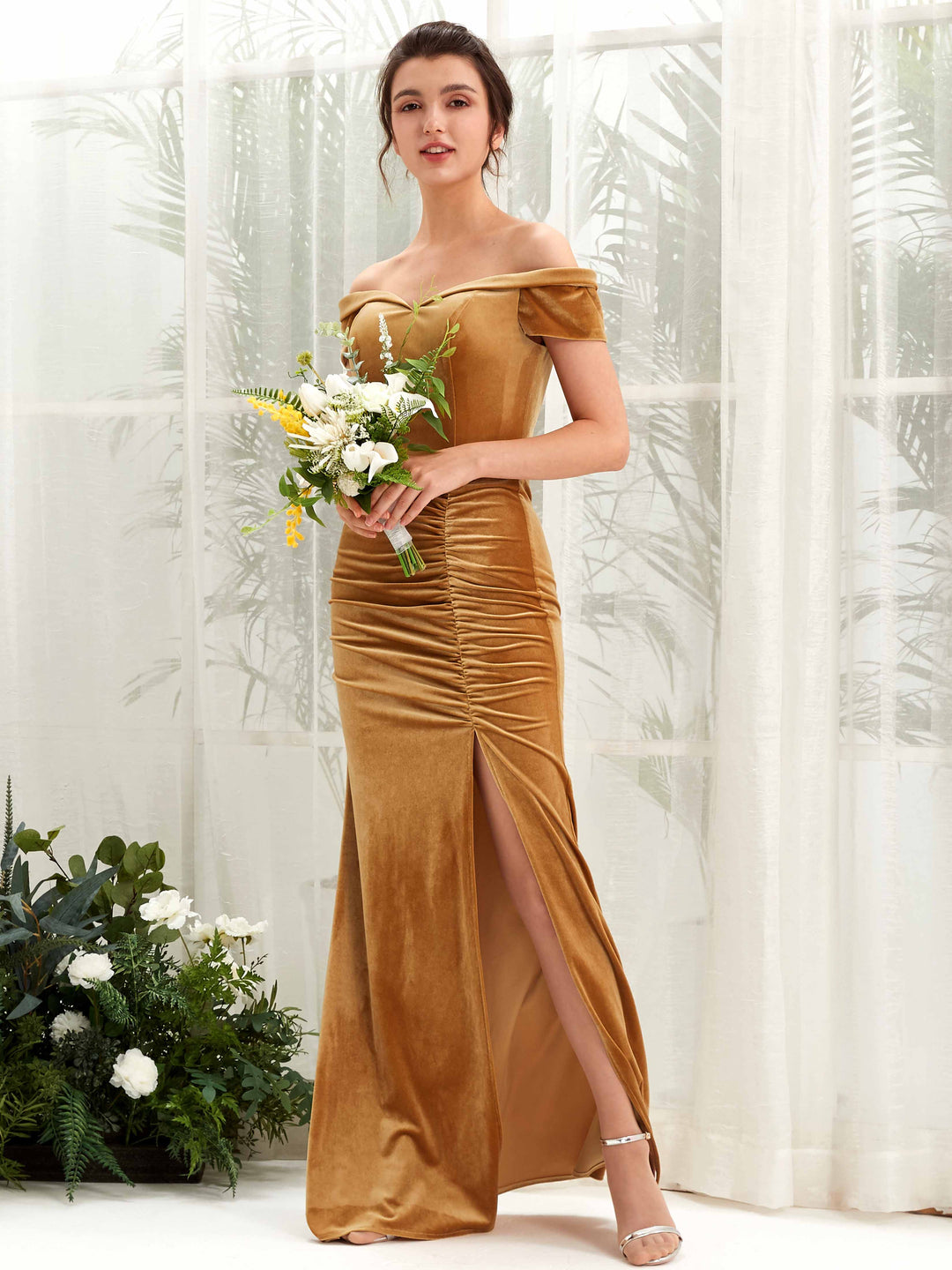 Burnished Gold Velvet Bridesmaid Dress Sheath Maxi Off-the
