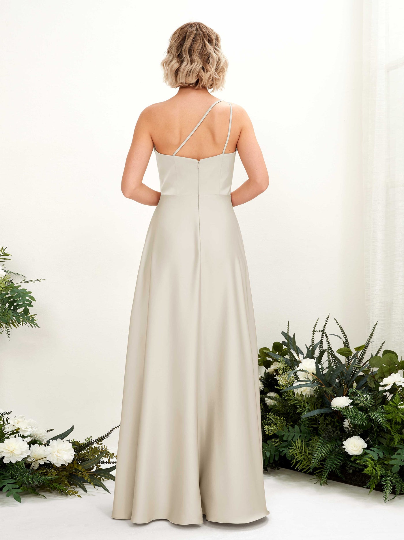 A-line Ball Gown One Shoulder Sleeveless Satin Bridesmaid Dress - Champagne (80224704)#color_champagne