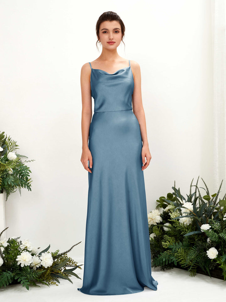 Open back Spaghetti-straps Sleeveless Satin Bridesmaid Dress - Ink blue (80221814)