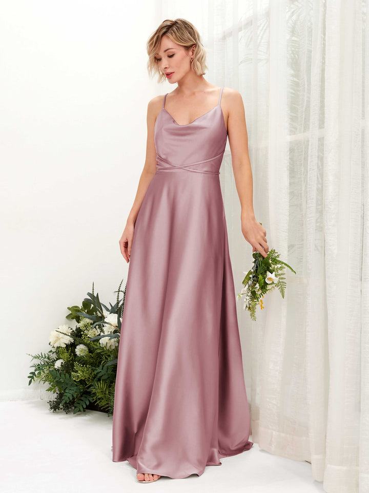 A-line Open back Straps Sleeveless Satin Bridesmaid Dress - Rose Quartz (80223166)