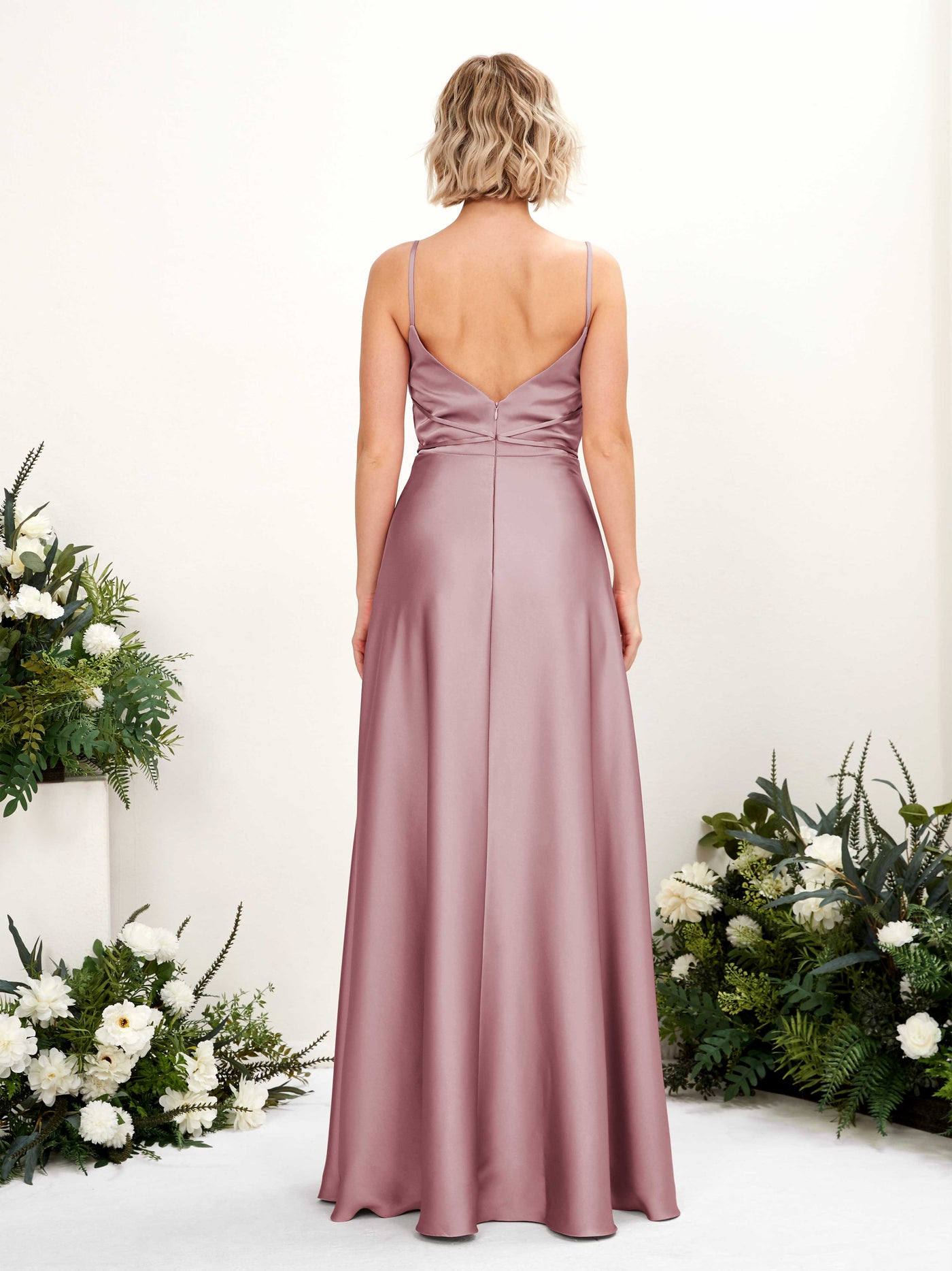 A-line Open back Straps Sleeveless Satin Bridesmaid Dress - Rose Quartz (80223166)#color_rose-quartz