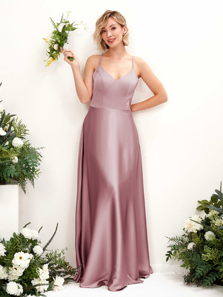 A-line Straps V-neck Satin Bridesmaid Dress - Rose Quartz (80224866)