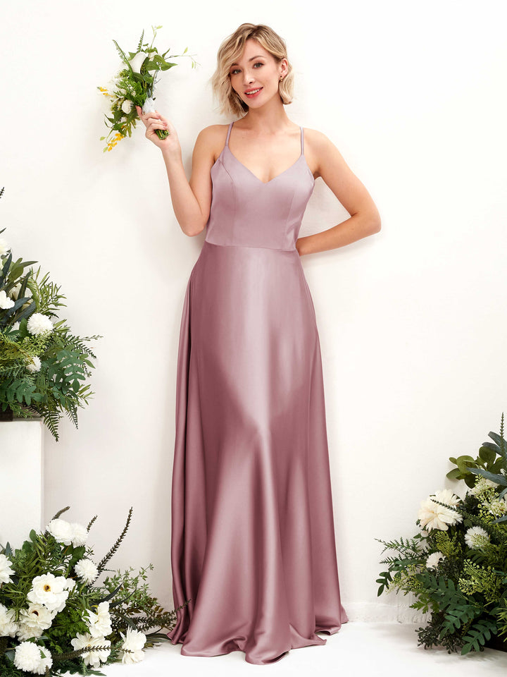 Raw Sienna Satin V-Neck Bridesmaid Dress A-Line Floor-Length
