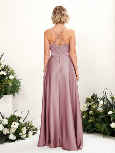 Carlyna Lenoya A-Line Rose Quartz Satin Bridesmaid Dress Maxi Sleeveless V-Neck Dress Back View #color_rose-quartz