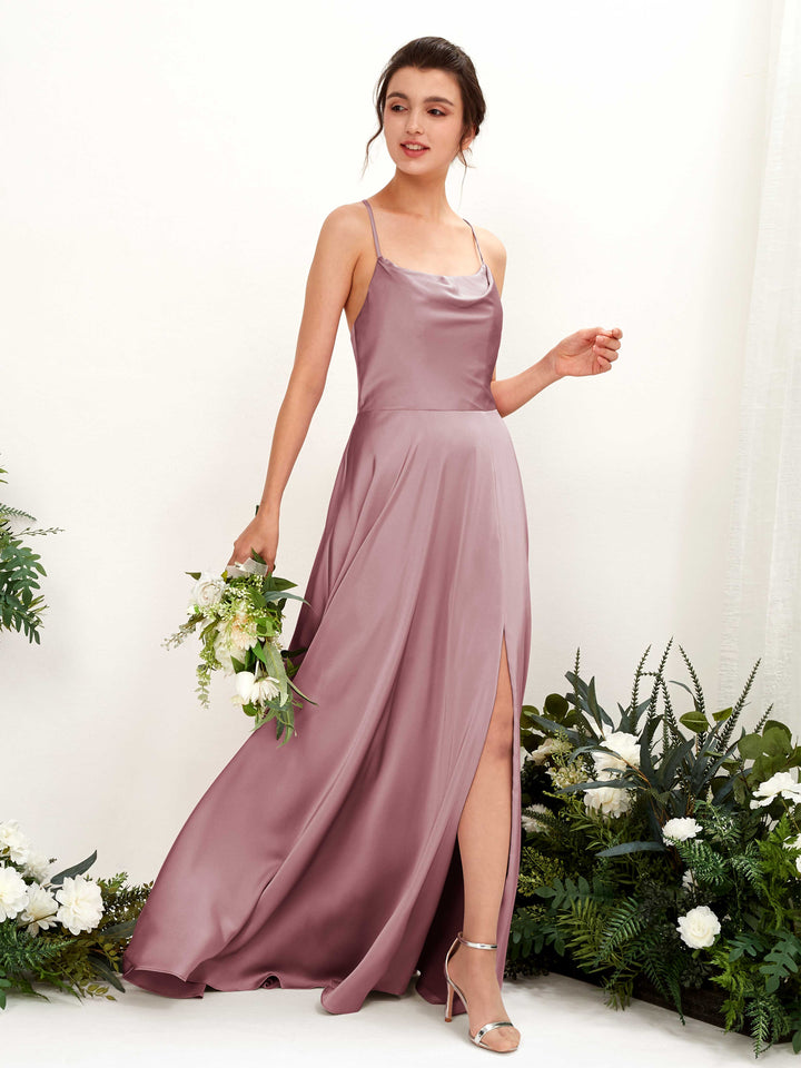 Ball Gown Sexy Slit Straps Sleeveless Satin Bridesmaid Dress - Rose Quartz (80221166)