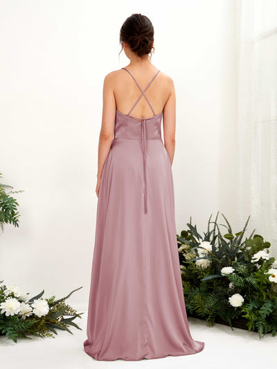 Carlyna Theresa A-Line Rose Quartz Satin Bridesmaid Dress Maxi Sleeveless Cowl Neck Dress Back View #color_rose-quartz