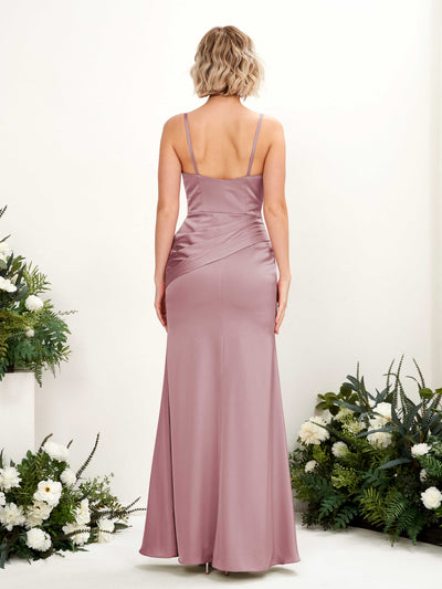 Carlyna Shirley Mermaid Rose Quartz Satin Bridesmaid Dress Maxi Sleeveless V-Neck Dress Back View #color_rose-quartz
