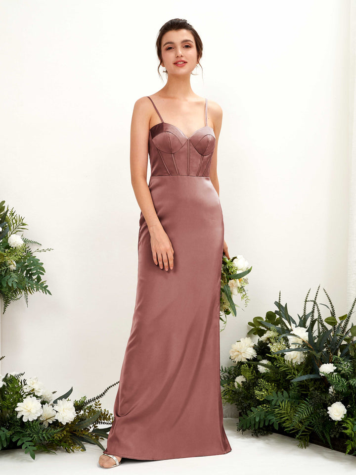 Spaghetti-straps Sweetheart Sleeveless Satin Bridesmaid Dress - Desert Rose (80221517)