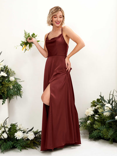 Carlyna Nydia A-Line Burgundy Satin Bridesmaid Dress Maxi Sleeveless Cowl Neck Dress Front View #color_burgundy
