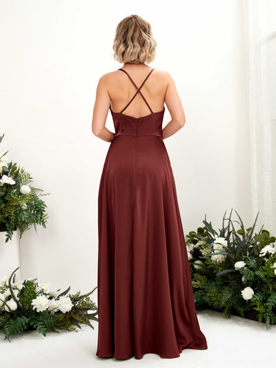Carlyna Nydia A-Line Burgundy Satin Bridesmaid Dress Maxi Sleeveless Cowl Neck Dress Back View #color_burgundy