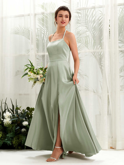 Carlyna Jocelyn A-Line Sage Green Satin Bridesmaid Dress Maxi Sleeveless Halter Dress Front View #color_sage-green