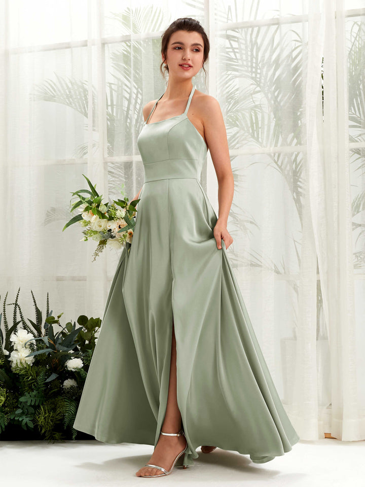 A-line Open back Sexy Slit Halter Bridesmaid Dress - Sage Green (80223912)