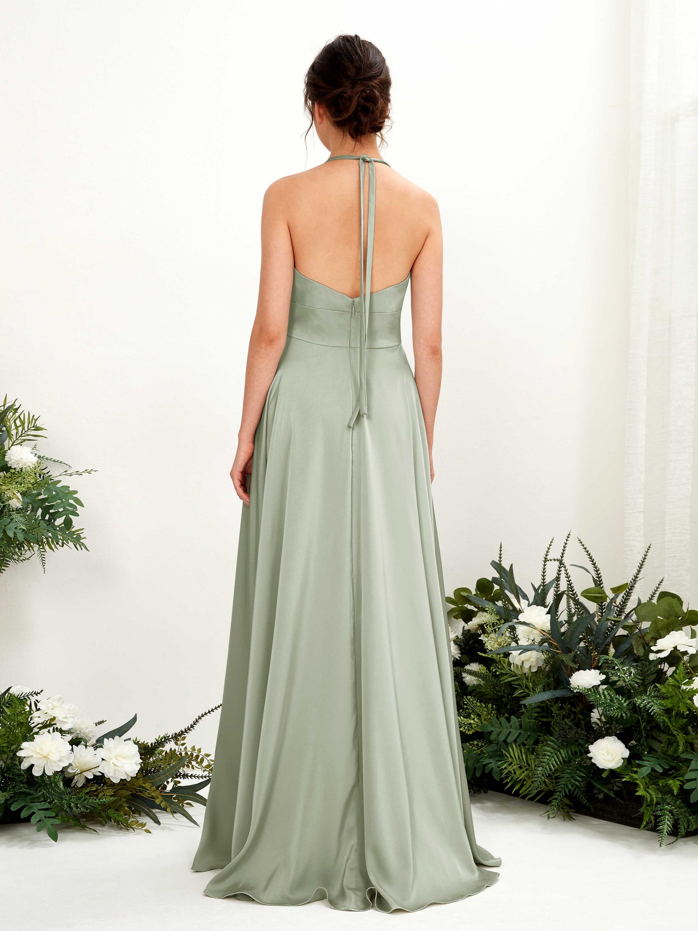 A-line Open back Sexy Slit Halter Bridesmaid Dress - Sage Green (80223912)#color_sage-green