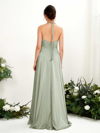 Carlyna Jocelyn A-Line Sage Green Satin Bridesmaid Dress Maxi Sleeveless Halter Dress Back View #color_sage-green