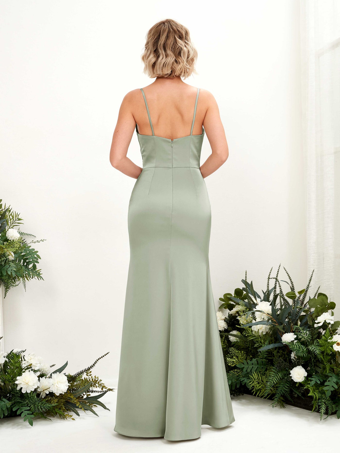 Open back Spaghetti-straps Sweetheart Satin Bridesmaid Dress - Sage Green (80223212)#color_sage-green