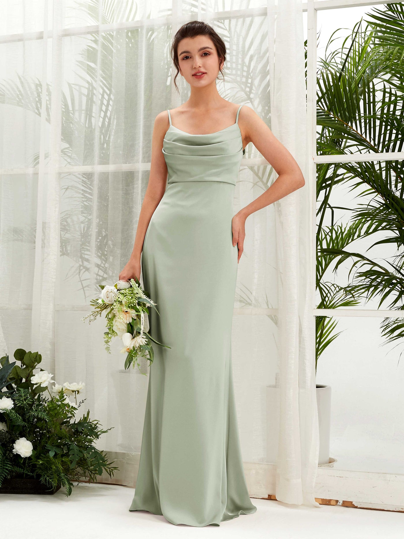 Dusty Blue Satin Bridesmaid Dress Sheath Maxi Cowl Neck | Carlyna Dusty Blue Satin Bridesmaid Dress Sheath Maxi Cowl Neck | Carlyna