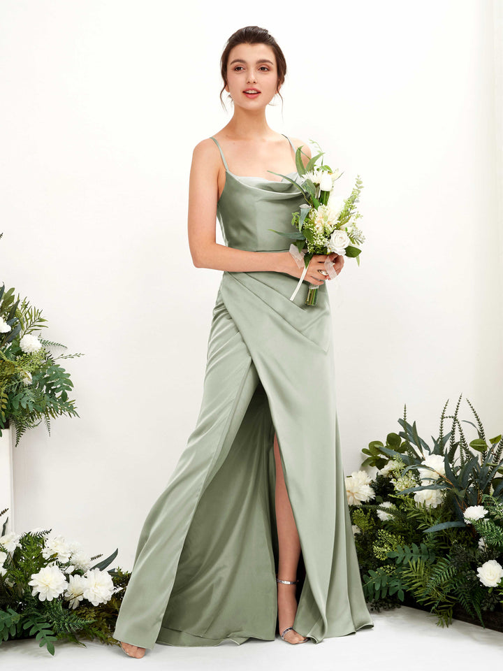 Sexy Slit Straps Sleeveless Satin Bridesmaid Dress - Sage Green (80222412)