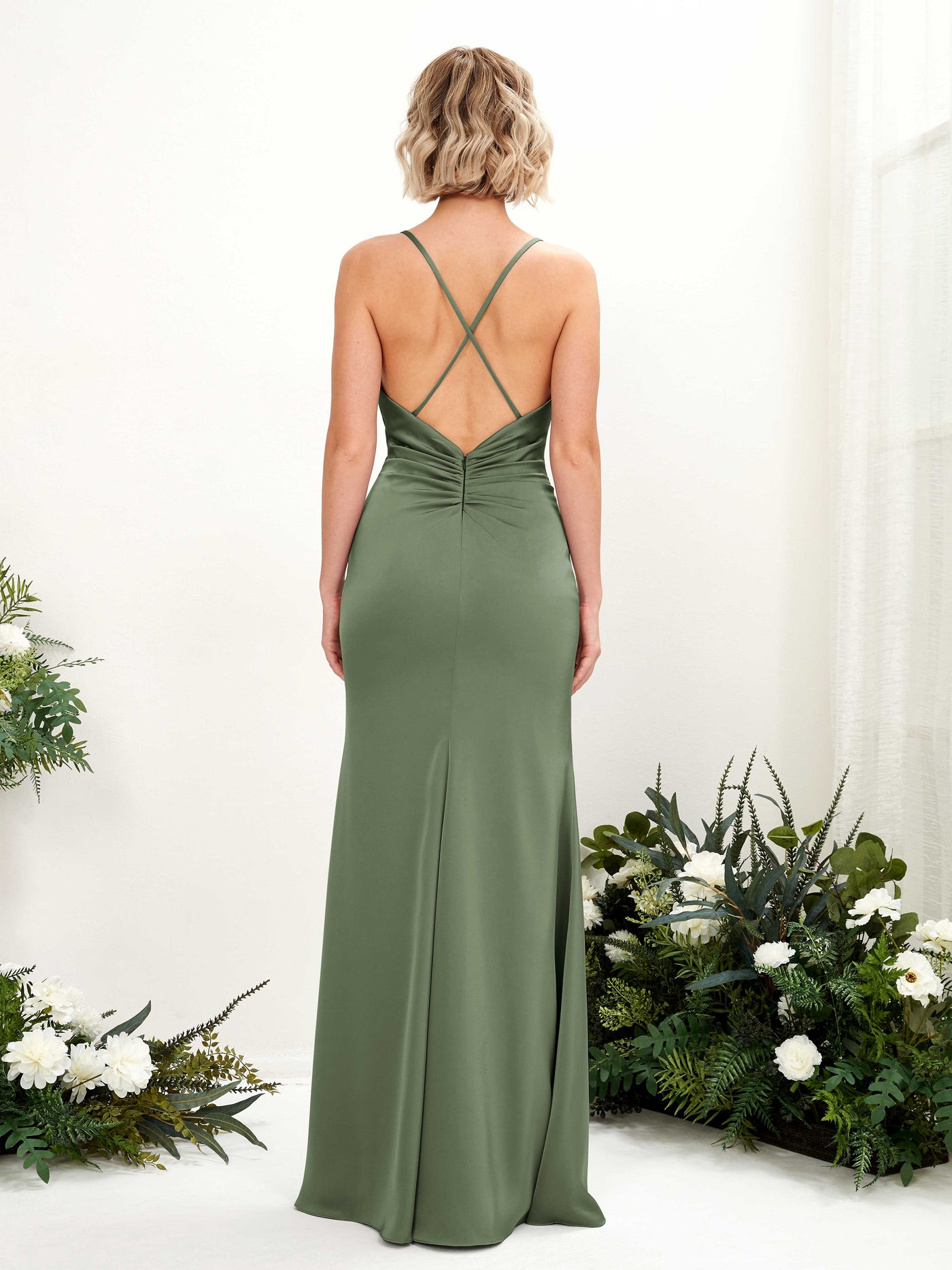 Green Olive Bridesmaid Dresses Bridesmaid Dress Mermaid/Trumpet Satin Scoop Full Length Sleeveless Wedding Party Dress (80221470)#color_green-olive
