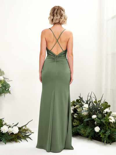 Carlyna Regina Mermaid Green Olive Satin Bridesmaid Dress Maxi Sleeveless Cowl Neck Dress Side View 2 #color_green-olive