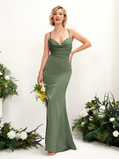 Carlyna Regina Mermaid Green Olive Satin Bridesmaid Dress Maxi Sleeveless Cowl Neck Dress Side View 3 #color_green-olive