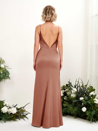 Carlyna Letitia Mermaid Raw Sienna Satin Bridesmaid Dress Maxi Sleeveless V-Neck Dress Back View #color_raw-sienna
