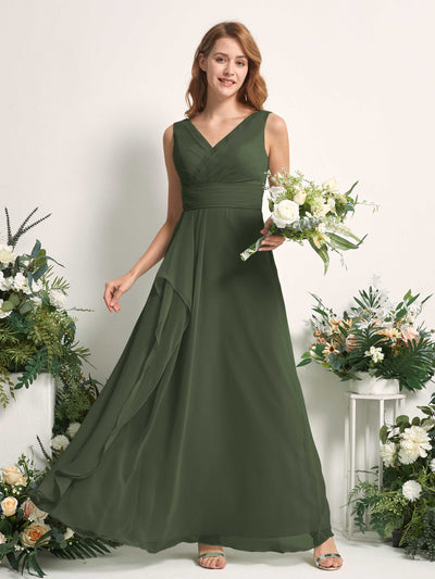 Bridesmaid Dress A-line Chiffon V-neck Full Length Sleeveless Wedding Party Dress - Martini Olive (81227107)#color_martini-olive