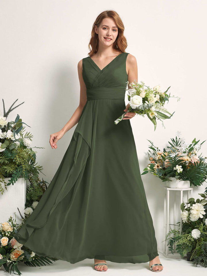 Bridesmaid Dress A-line Chiffon V-neck Full Length Sleeveless Wedding Party Dress - Martini Olive (81227107)