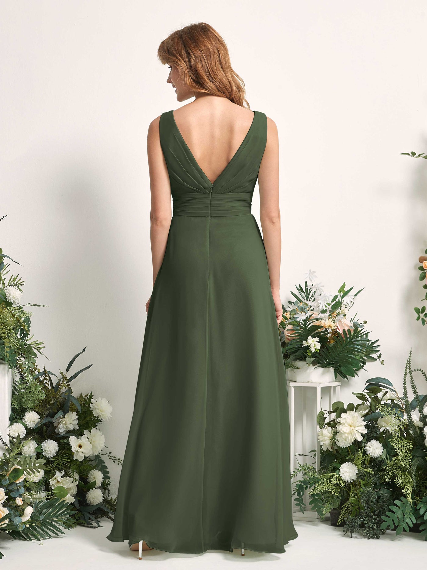 Bridesmaid Dress A-line Chiffon V-neck Full Length Sleeveless Wedding Party Dress - Martini Olive (81227107)#color_martini-olive