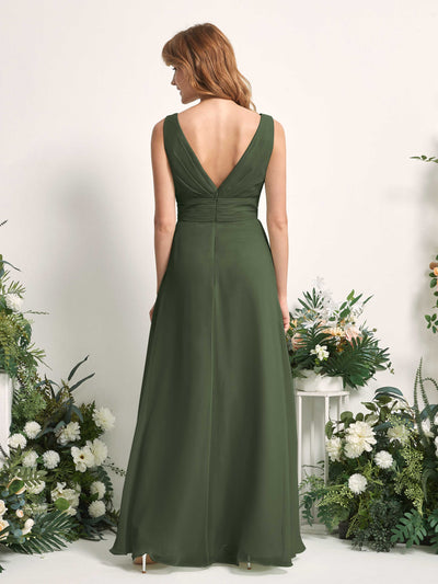 Carlyna Mollie A-Line Martini Olive Bridesmaid Dress Maxi Sleeveless V-Neck Dress Back View #color_martini-olive