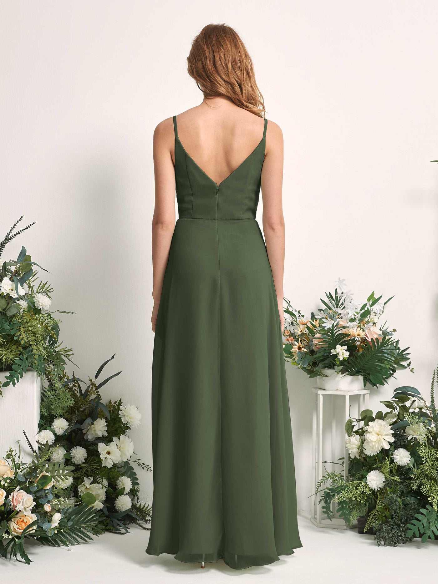 Bridesmaid Dress A-line Chiffon Spaghetti-straps Full Length Sleeveless Wedding Party Dress - Martini Olive (81227207)#color_martini-olive
