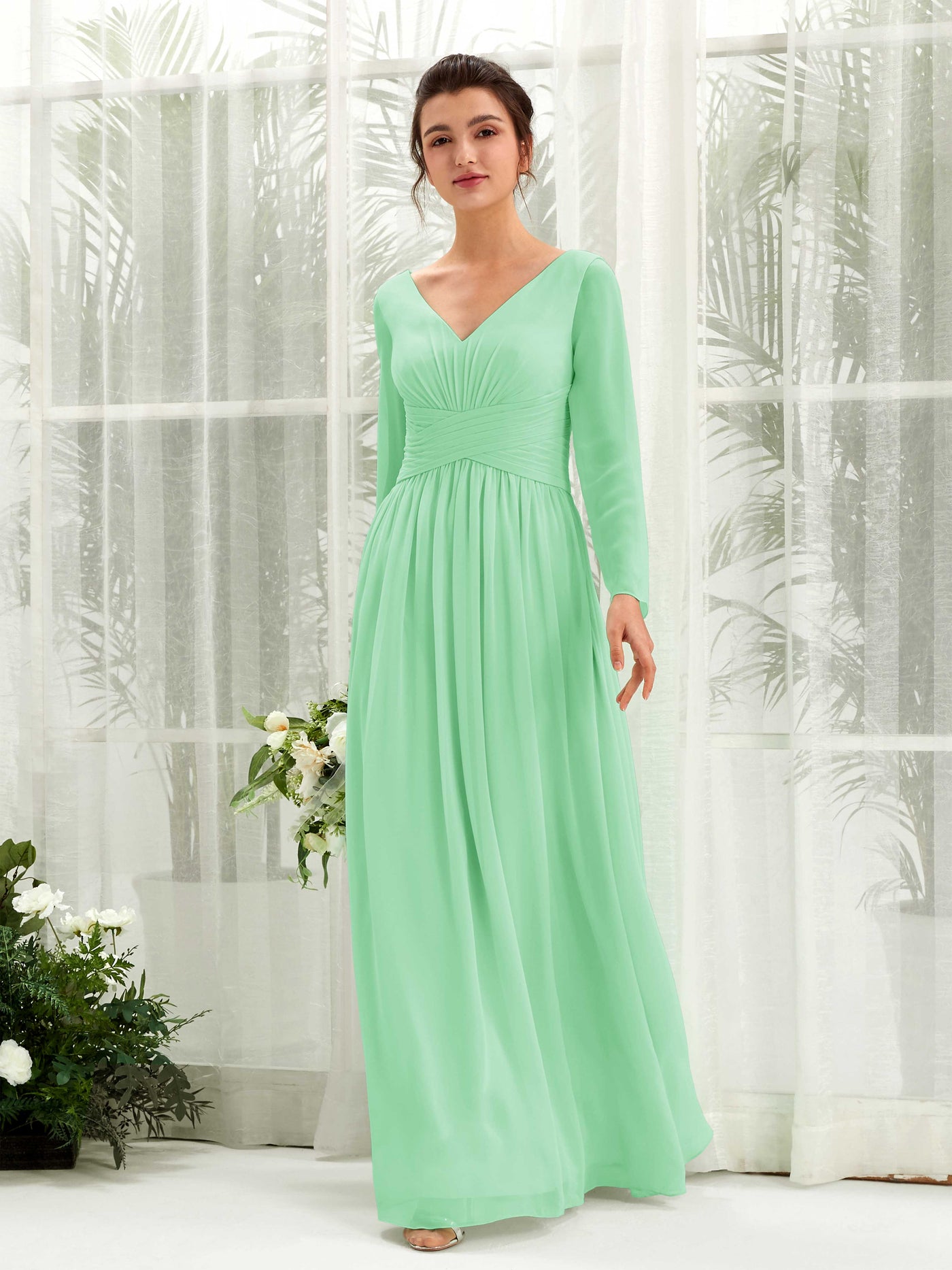 Mint Green Bridesmaid Dresses Bridesmaid Dress A-line Chiffon V-neck Full Length Long Sleeves Wedding Party Dress (81220322)#color_mint-green