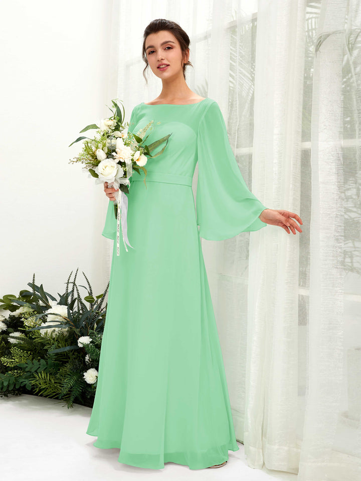 Dark Emerald Chiffon Bridesmaid Dress A-Line Maxi Long Sleeve