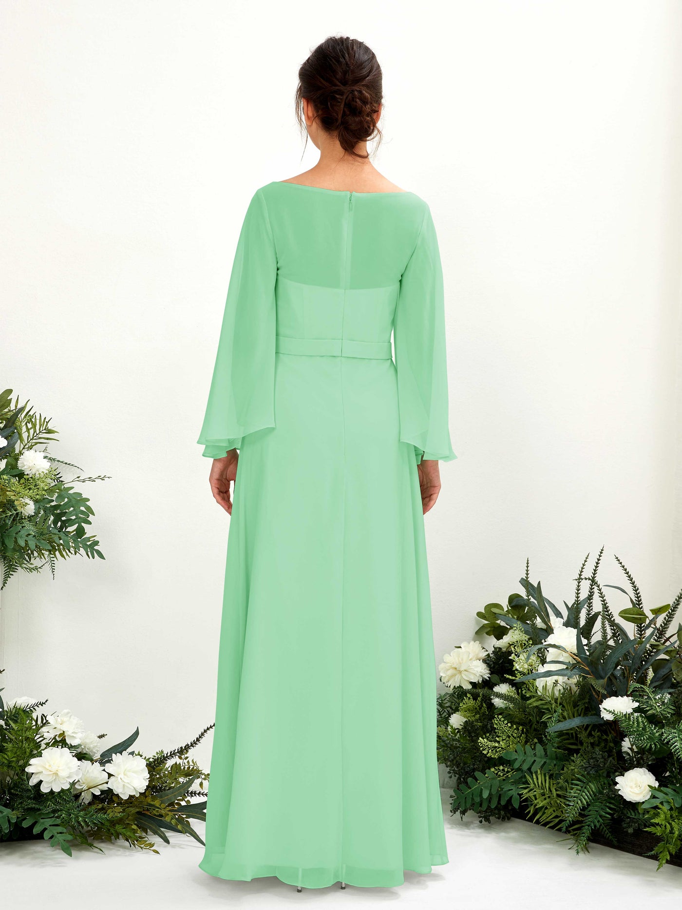 Mint Green Bridesmaid Dresses Bridesmaid Dress A-line Chiffon Bateau Full Length Long Sleeves Wedding Party Dress (81220522)#color_mint-green