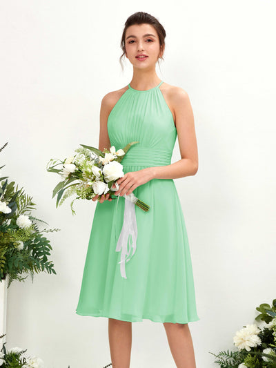 Mint Green Bridesmaid Dresses Bridesmaid Dress A-line Chiffon Halter Knee Length Sleeveless Wedding Party Dress (81220122)#color_mint-green